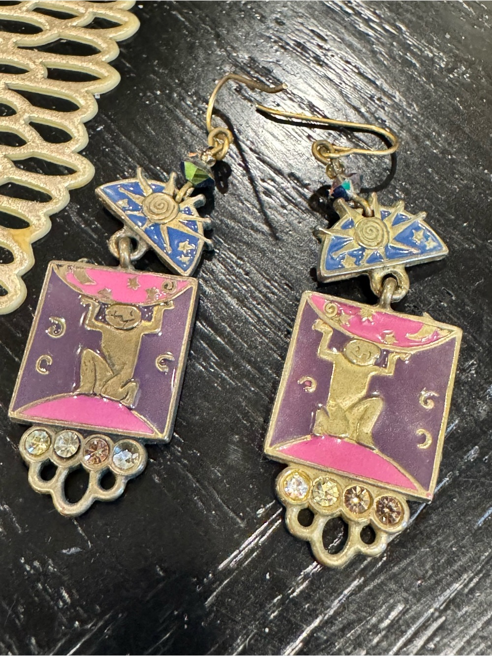 Vintage 80s Edgar Berebi Bohemian Pink Purple Enamel Dangle Earrings ✨